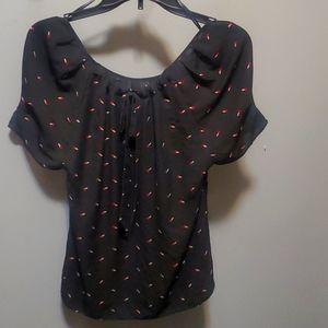 Black With Pink, Red and Cream Short Sleeve Blouse
